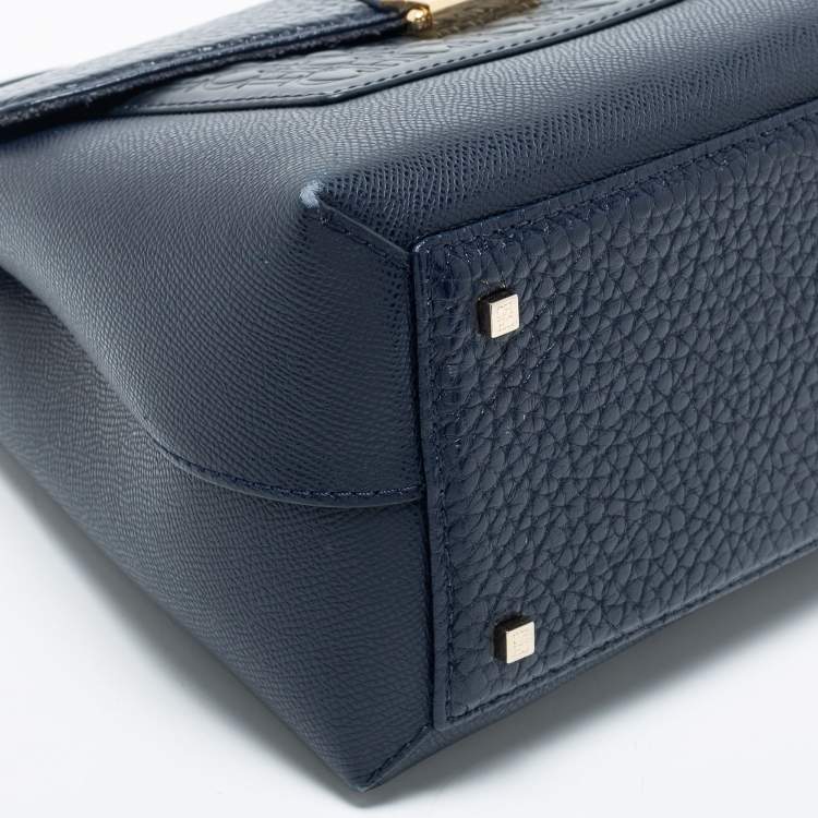 Pre Owned CH Carolina Herrera Navy Blue Logo Embossed Leather Flap Top Handle Bag