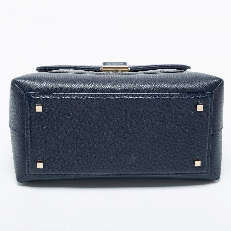 Pre Owned CH Carolina Herrera Navy Blue Logo Embossed Leather Flap Top Handle Bag
