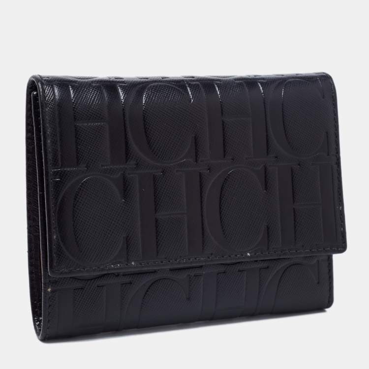 Pre Owned CH Carolina Herrera Black Leather Logo Embossed Trifold Wallet