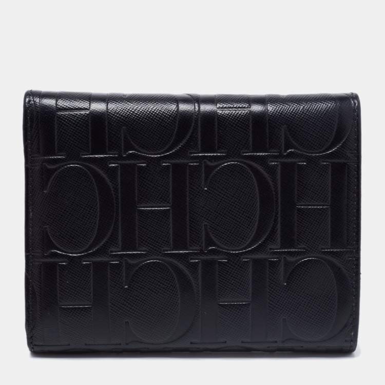 Pre Owned CH Carolina Herrera Black Leather Logo Embossed Trifold Wallet