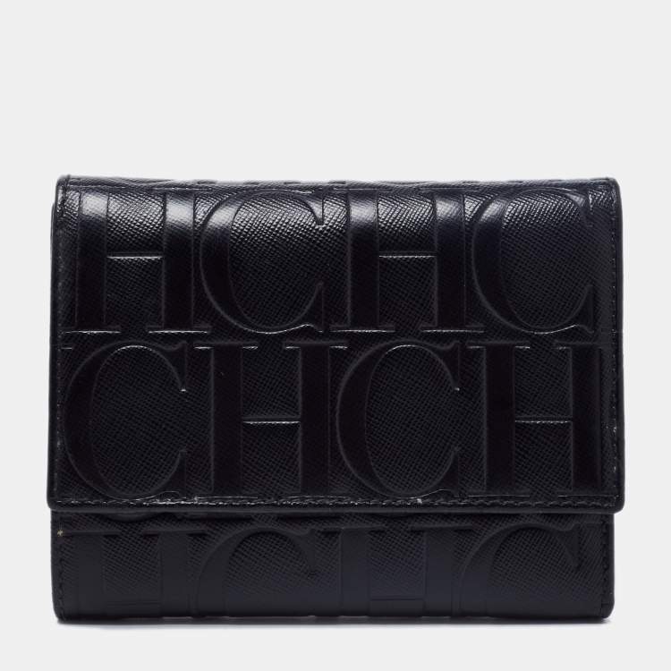 Pre Owned CH Carolina Herrera Black Leather Logo Embossed Trifold Wallet