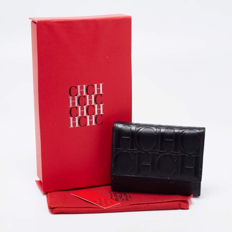 Pre Owned CH Carolina Herrera Black Leather Logo Embossed Trifold Wallet