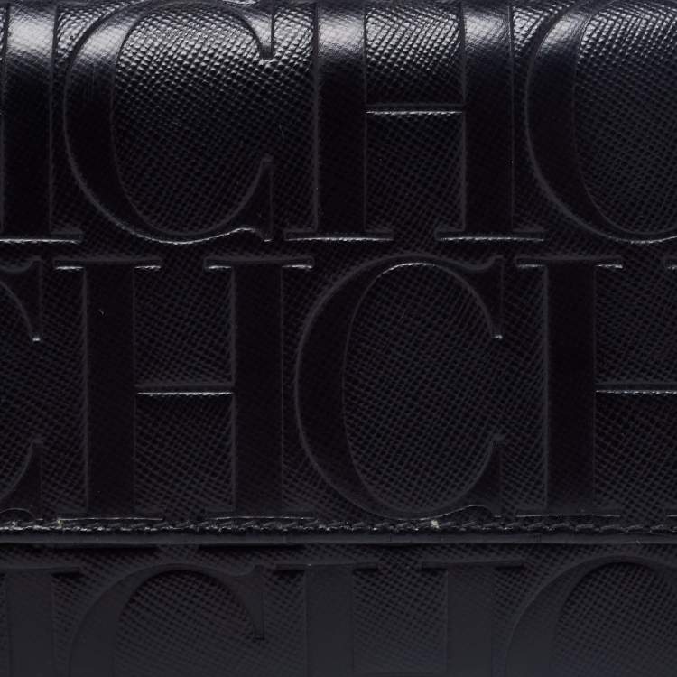 Pre Owned CH Carolina Herrera Black Leather Logo Embossed Trifold Wallet