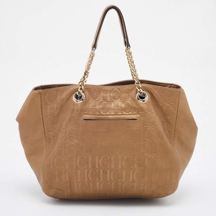 Pre Owned CH Carolina Herrera Metallic Beige Monogram Leather Audrey Tote