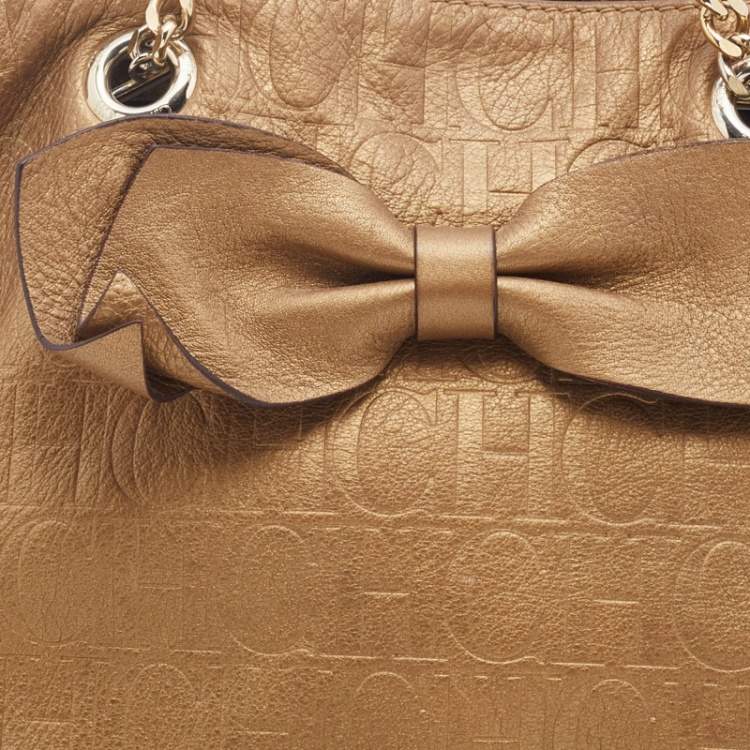 Pre Owned CH Carolina Herrera Metallic Beige Monogram Leather Audrey Tote