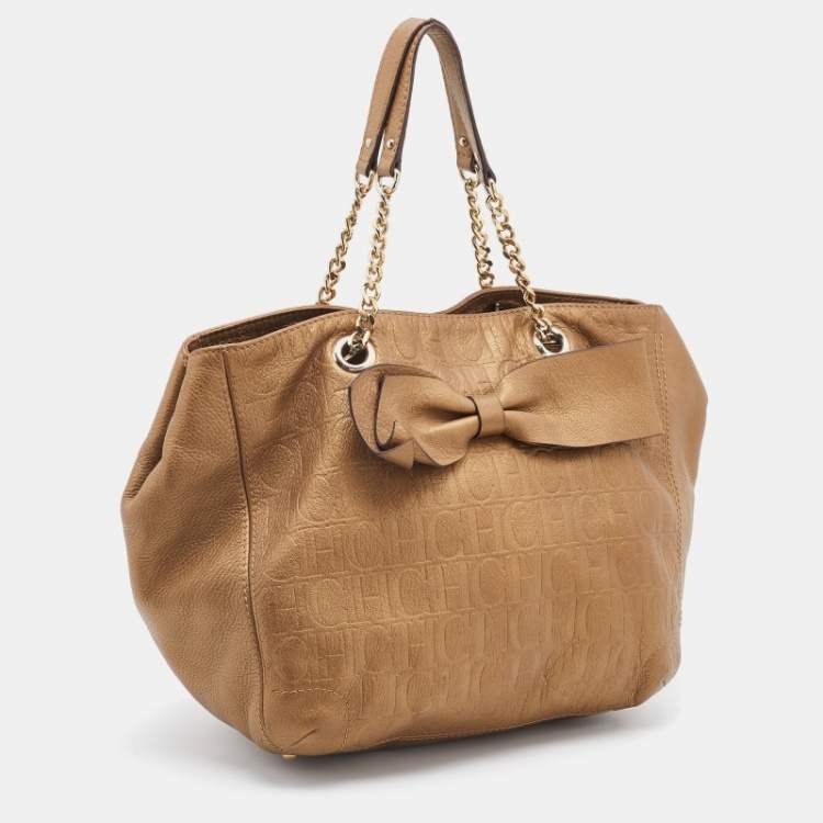 Pre Owned CH Carolina Herrera Metallic Beige Monogram Leather Audrey Tote