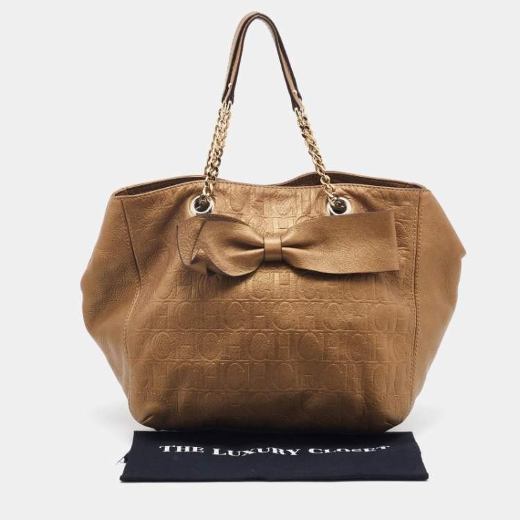 Pre Owned CH Carolina Herrera Metallic Beige Monogram Leather Audrey Tote