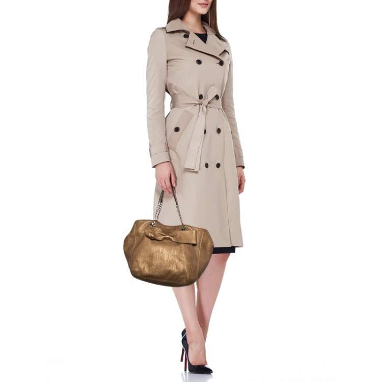 Pre Owned CH Carolina Herrera Metallic Beige Monogram Leather Audrey Tote