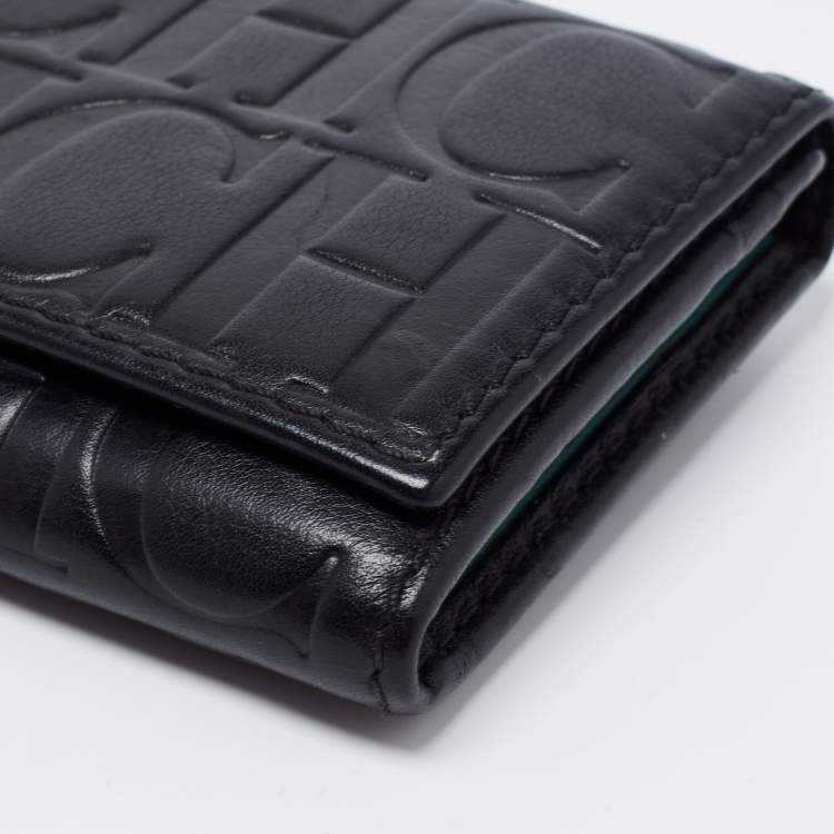 Pre Owned CH Carolina Herrera Black Monogram Embossed Leather Flap Continental Wallet