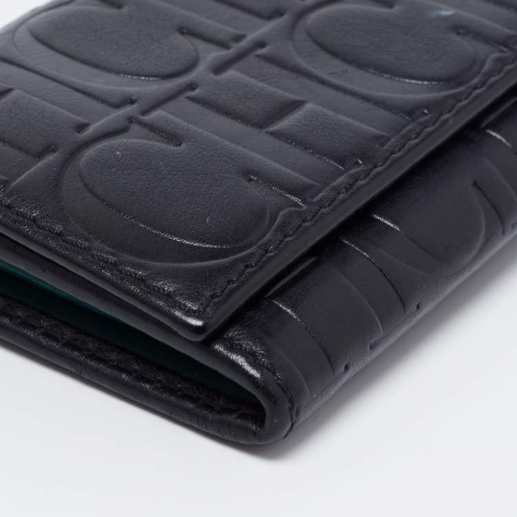 Pre Owned CH Carolina Herrera Black Monogram Embossed Leather Flap Continental Wallet