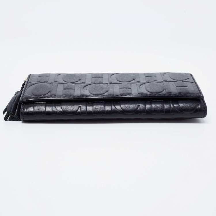 Pre Owned CH Carolina Herrera Black Monogram Embossed Leather Flap Continental Wallet