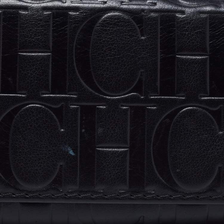 Pre Owned CH Carolina Herrera Black Monogram Embossed Leather Flap Continental Wallet