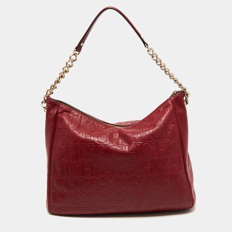 Pre Owned CH Carolina Herrera Burgundy Monogram Embossed Leather Chain Hobo
