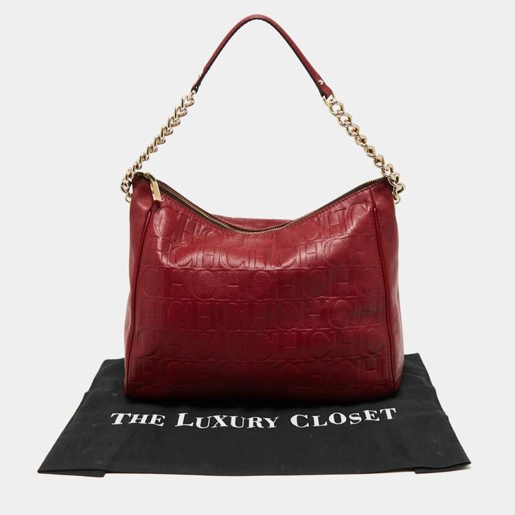 Pre Owned CH Carolina Herrera Burgundy Monogram Embossed Leather Chain Hobo