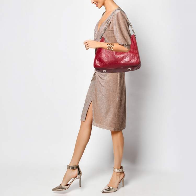 Pre Owned CH Carolina Herrera Burgundy Monogram Embossed Leather Chain Hobo