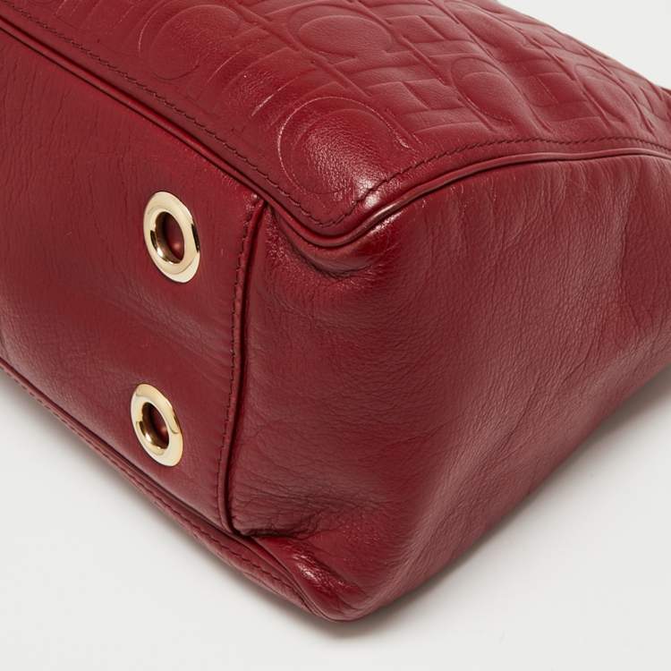 Pre Owned CH Carolina Herrera Burgundy Monogram Embossed Leather Chain Hobo