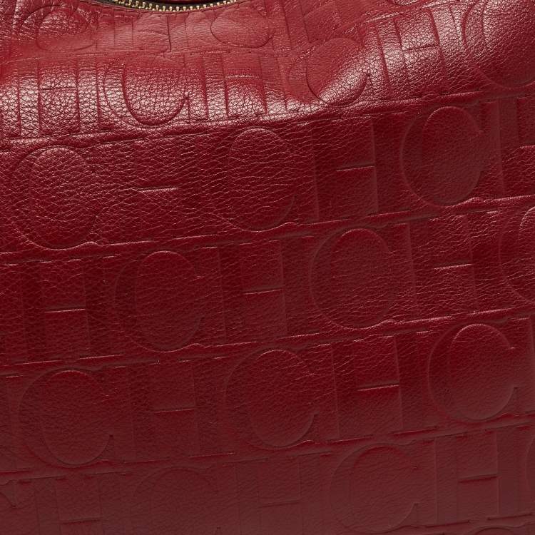 Pre Owned CH Carolina Herrera Burgundy Monogram Embossed Leather Chain Hobo