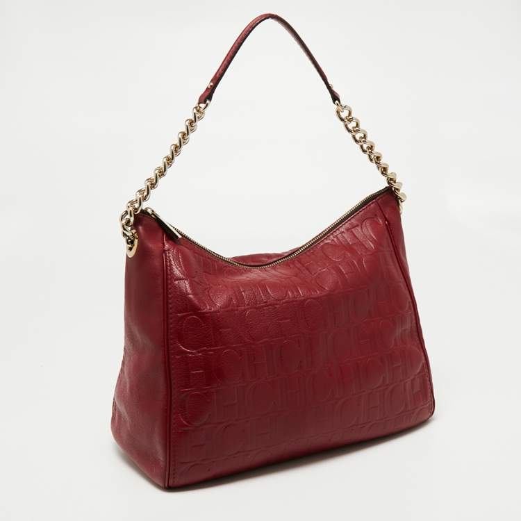Pre Owned CH Carolina Herrera Burgundy Monogram Embossed Leather Chain Hobo