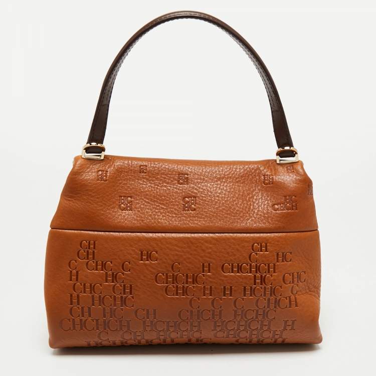 Pre Owned CH Carolina Herrera Brown Logo Embossed Leather Top Handle Bag