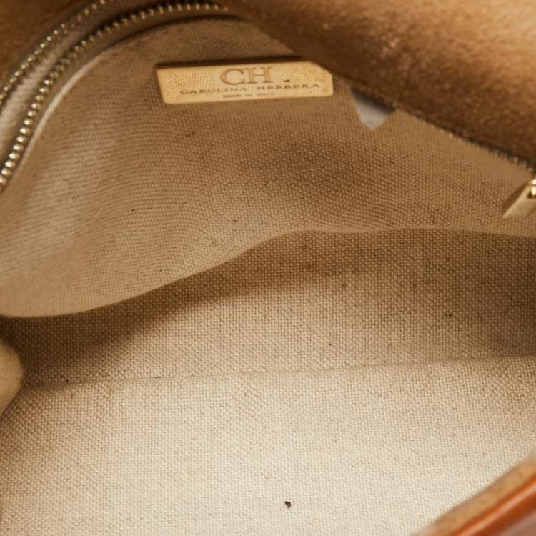 Pre Owned CH Carolina Herrera Brown Logo Embossed Leather Top Handle Bag