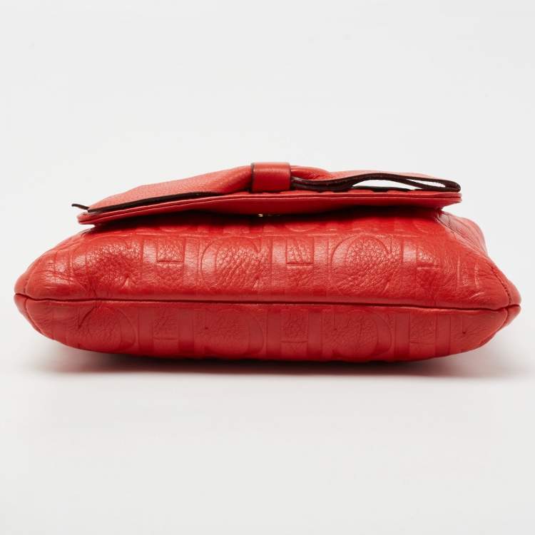 Pre Owned CH Carolina Herrera Red Monogram Embossed Leather Mini Audrey Shoulder Bag