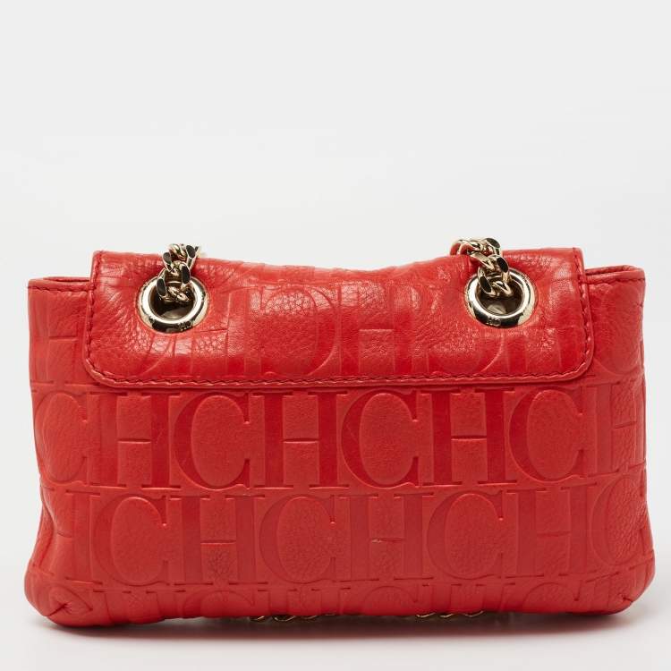 Pre Owned CH Carolina Herrera Red Monogram Embossed Leather Mini Audrey Shoulder Bag