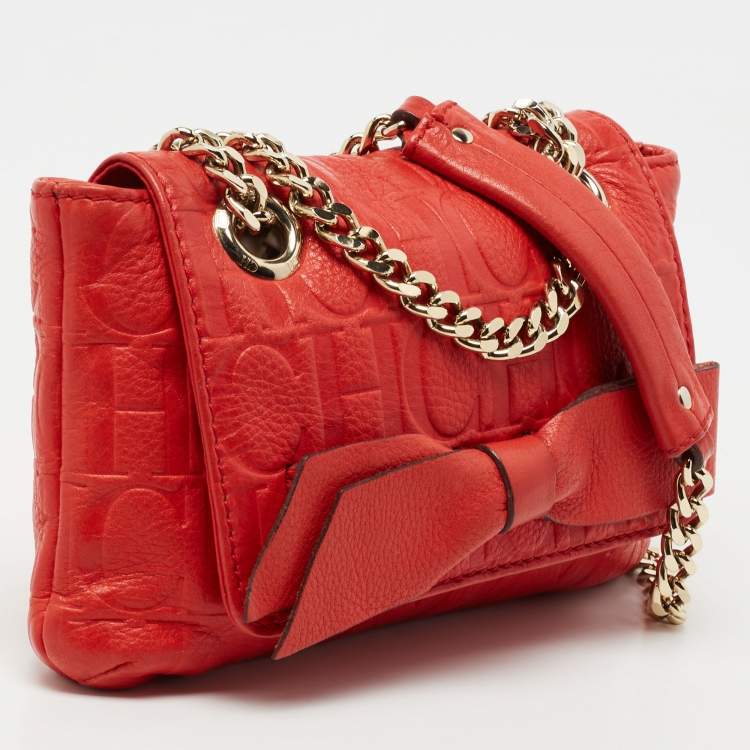 Pre Owned CH Carolina Herrera Red Monogram Embossed Leather Mini Audrey Shoulder Bag