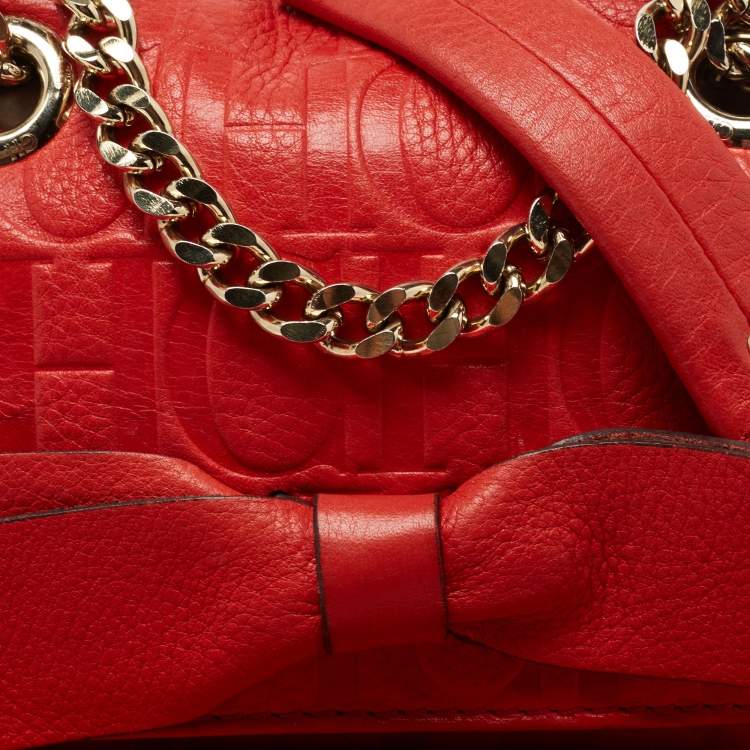 Pre Owned CH Carolina Herrera Red Monogram Embossed Leather Mini Audrey Shoulder Bag