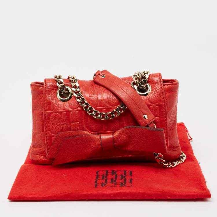 Pre Owned CH Carolina Herrera Red Monogram Embossed Leather Mini Audrey Shoulder Bag