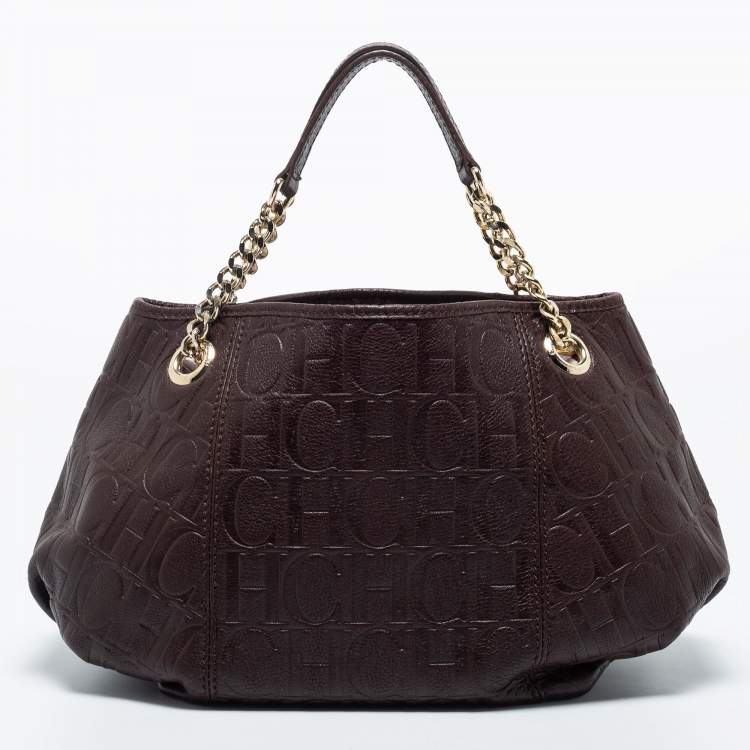 Pre Owned CH Carolina Herrera Brown Logo Embossed Leather Chain Satchel