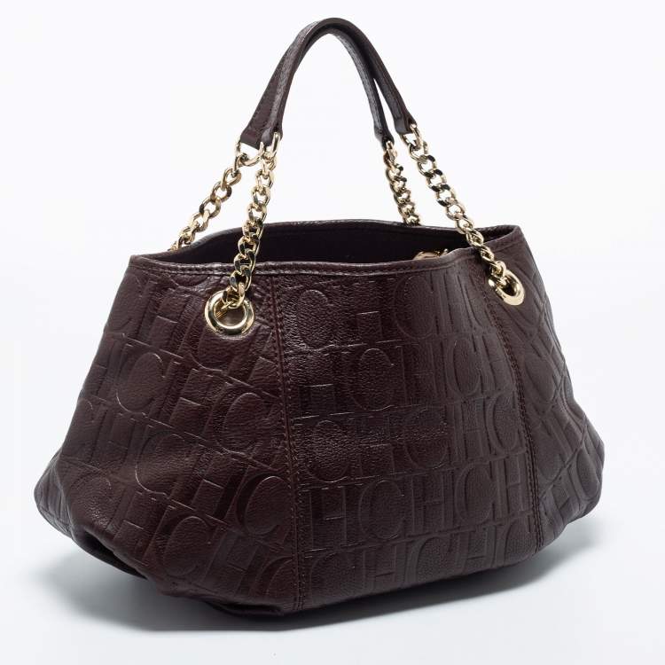 Pre Owned CH Carolina Herrera Brown Logo Embossed Leather Chain Satchel