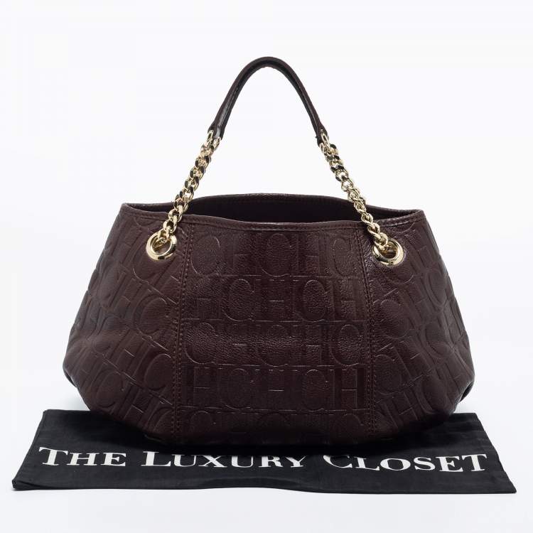 Pre Owned CH Carolina Herrera Brown Logo Embossed Leather Chain Satchel