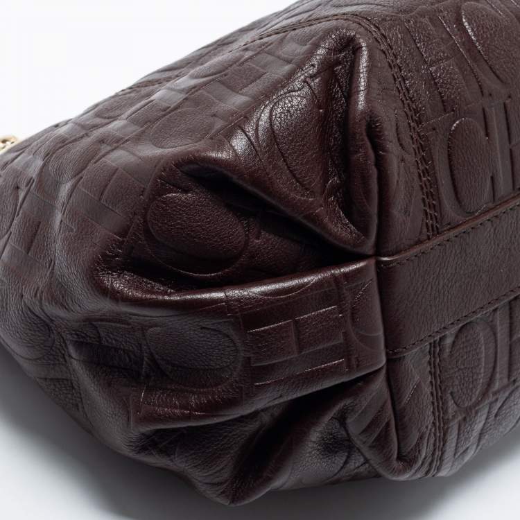 Pre Owned CH Carolina Herrera Brown Logo Embossed Leather Chain Satchel