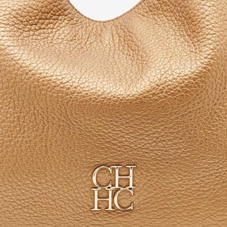 Pre Owned CH Carolina Herrera Metallic Gold Leather Chain Tassel Hobo