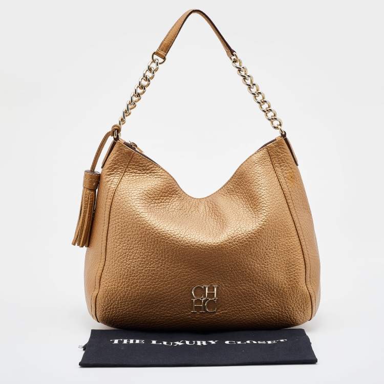 Pre Owned CH Carolina Herrera Metallic Gold Leather Chain Tassel Hobo