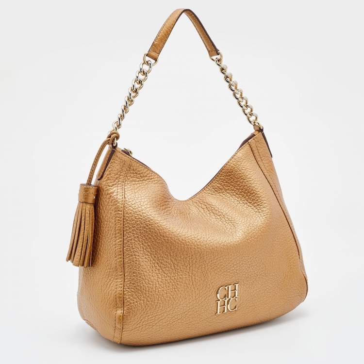 Pre Owned CH Carolina Herrera Metallic Gold Leather Chain Tassel Hobo
