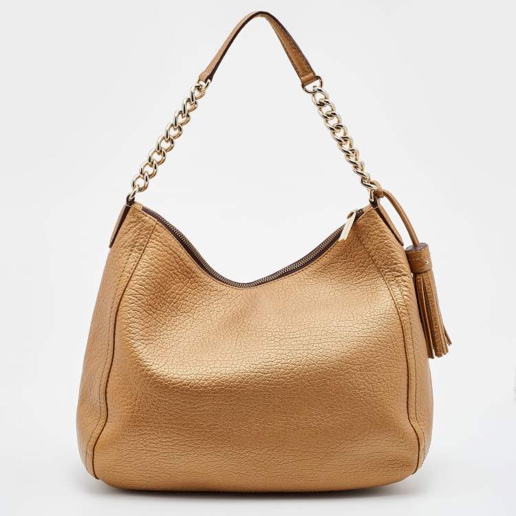Pre Owned CH Carolina Herrera Metallic Gold Leather Chain Tassel Hobo