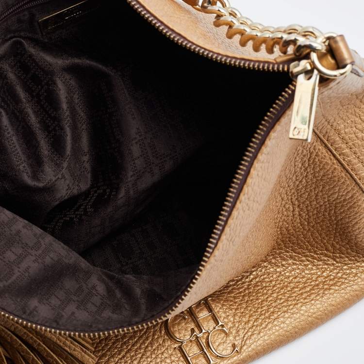 Pre Owned CH Carolina Herrera Metallic Gold Leather Chain Tassel Hobo