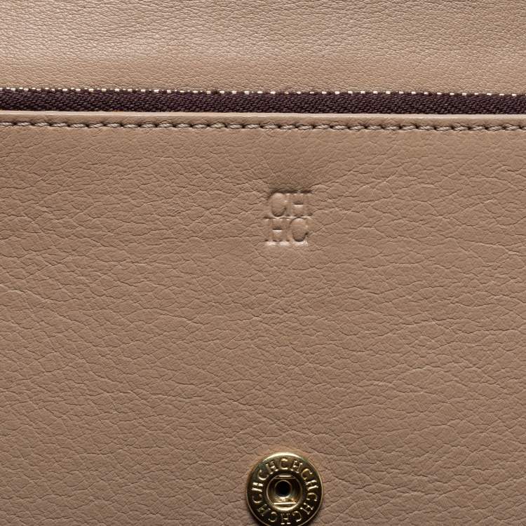 Pre Owned CH Carolina Herrera Beige Floral Embossed Leather Bifold Continental Wallet