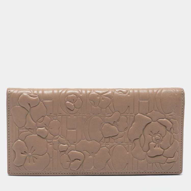 Pre Owned CH Carolina Herrera Beige Floral Embossed Leather Bifold Continental Wallet