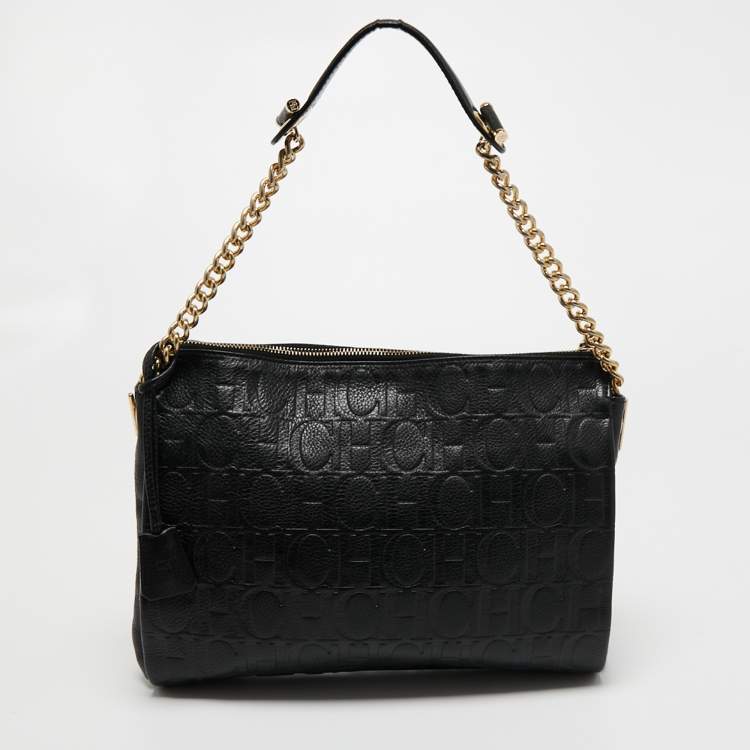 Pre Owned CH Carolina Herrera Black Monogram Leather Shoulder Bag
