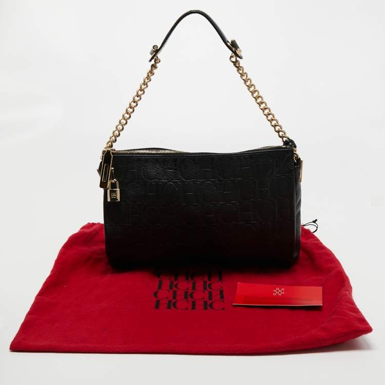 Pre Owned CH Carolina Herrera Black Monogram Leather Shoulder Bag