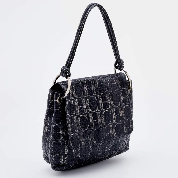 Pre Owned CH Carolina Herrera Black/Silver Monogram Embossed Leather Flap Shoulder Bag
