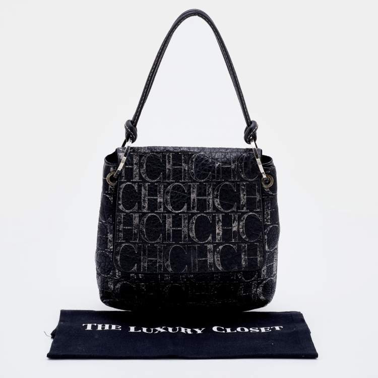 Pre Owned CH Carolina Herrera Black/Silver Monogram Embossed Leather Flap Shoulder Bag