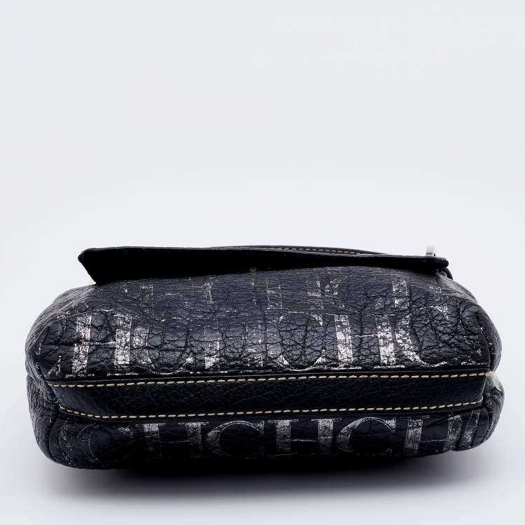 Pre Owned CH Carolina Herrera Black/Silver Monogram Embossed Leather Flap Shoulder Bag