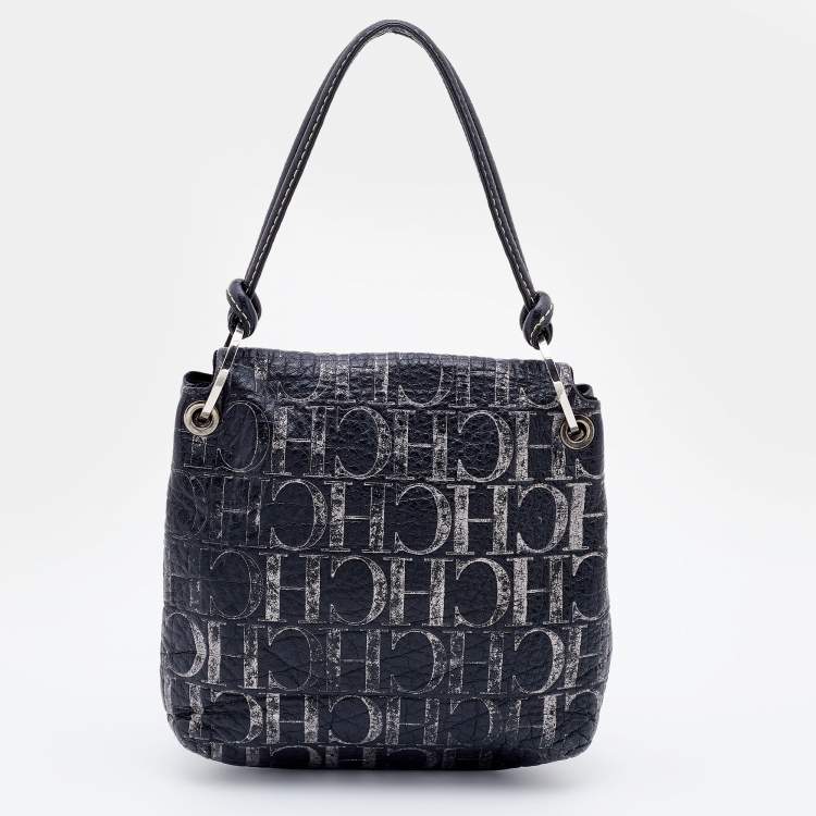 Pre Owned CH Carolina Herrera Black/Silver Monogram Embossed Leather Flap Shoulder Bag