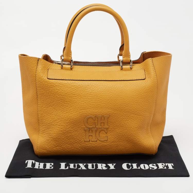 Pre Owned CH Carolina Herrera Dark Yellow Grained Leather Tote