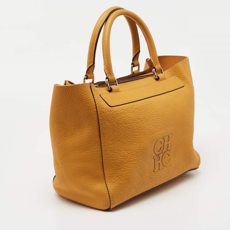 Pre Owned CH Carolina Herrera Dark Yellow Grained Leather Tote