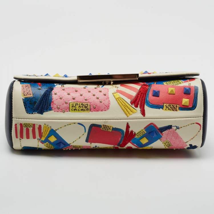 Pre Owned CH Carolina Herrera Multicolor Print Embroidered Leather Flap Shoulder Bag