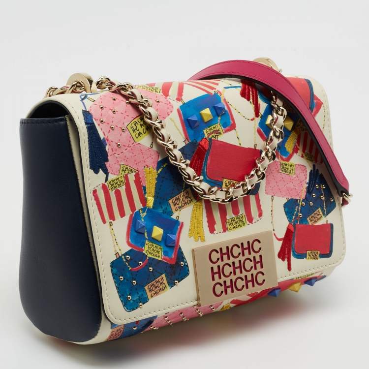 Pre Owned CH Carolina Herrera Multicolor Print Embroidered Leather Flap Shoulder Bag
